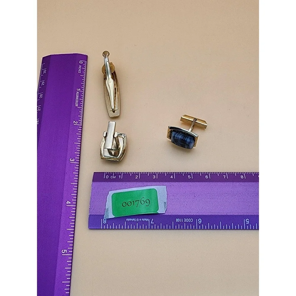 74 Yr Old 10k Gold Plate Tie Clip/Bar & Cufflinks Set Horse Equestrian Art Glass